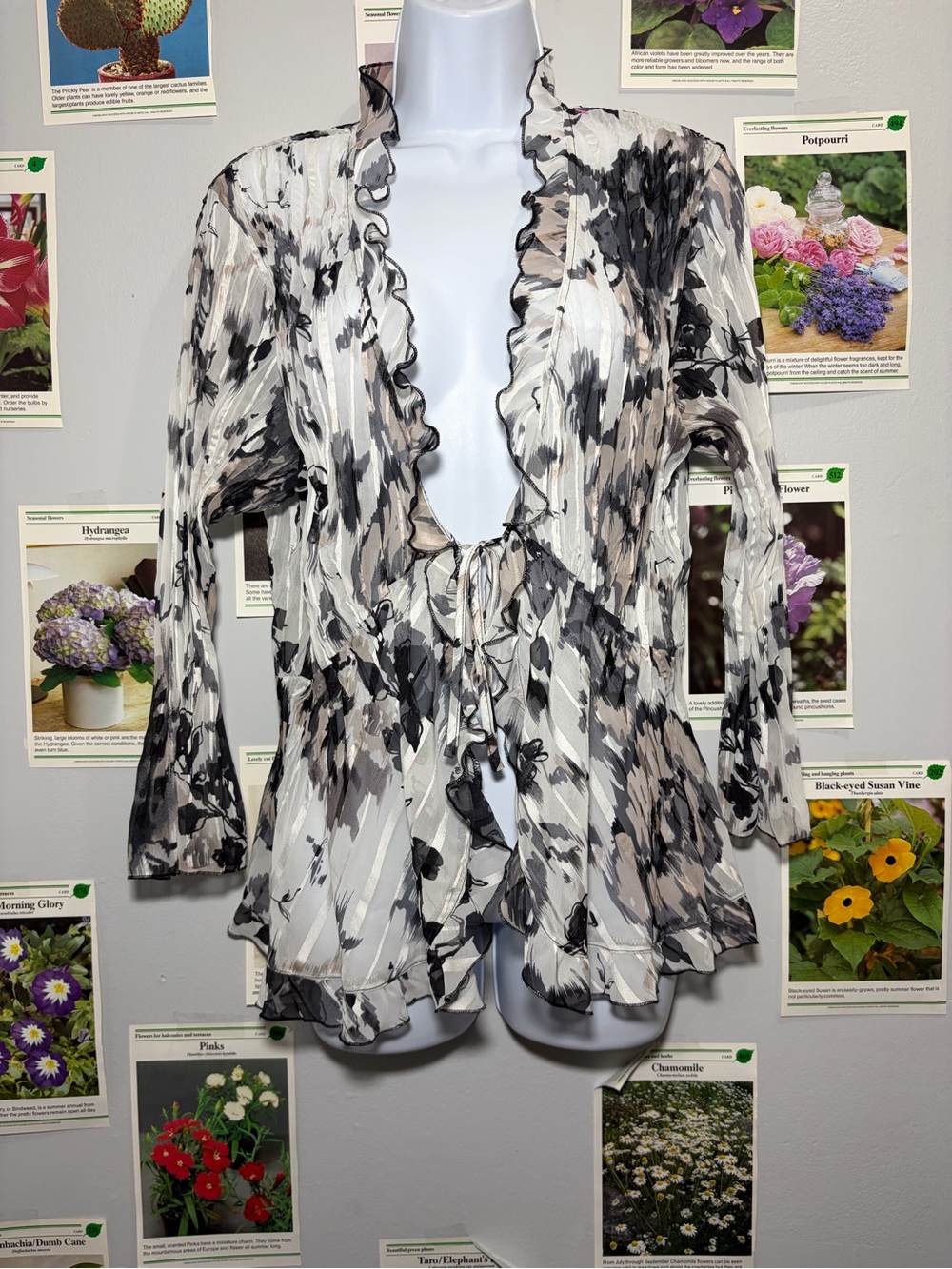 Notations Ruffled Tie-Front Floral Sheer Blouse - Black, White & Taupe